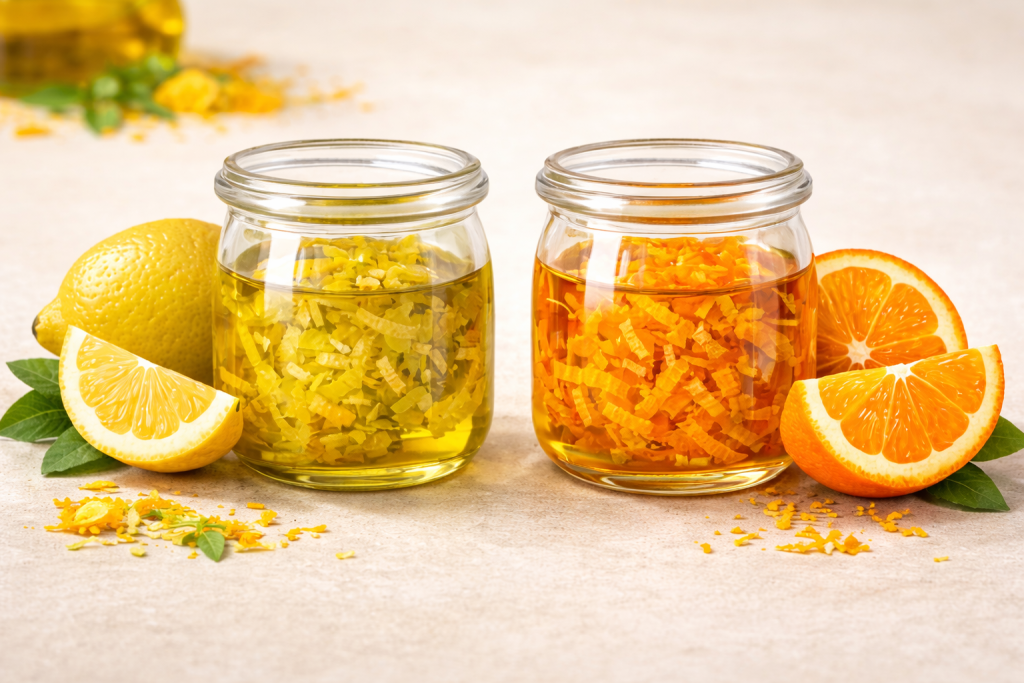 Olio aromatizzato per dolci, usa la buccia grattugiata di limone o arancia e lasciala macerare nell’olio