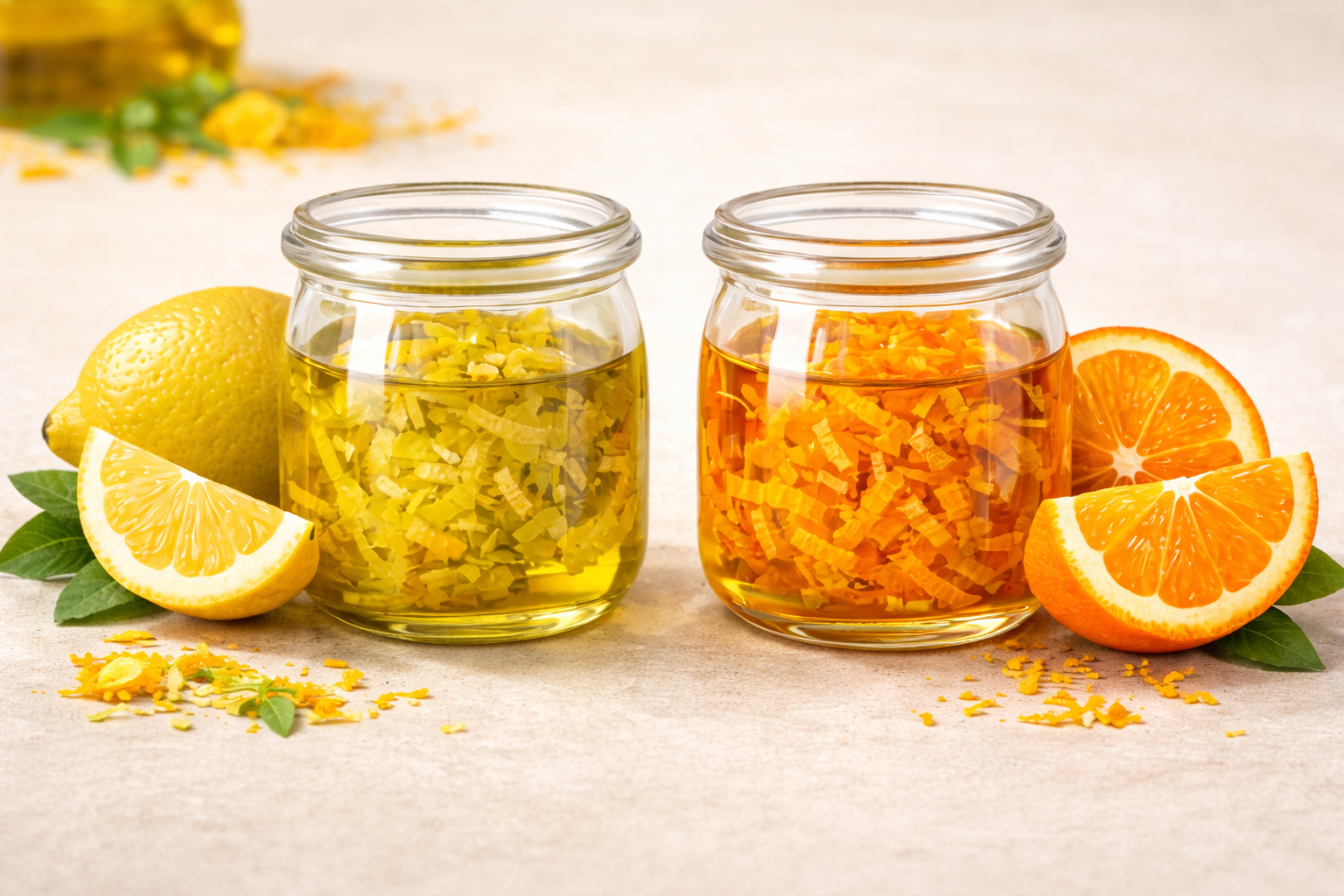 Olio aromatizzato per dolci, usa la buccia grattugiata di limone o arancia e lasciala macerare nell’olio